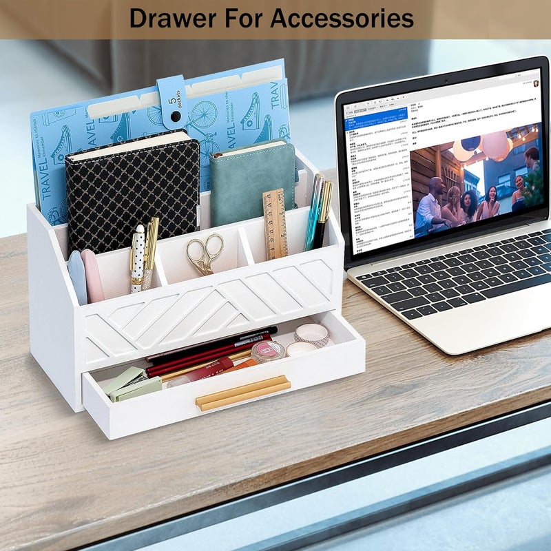 dreampossible white Wood Desk Organizer and Accessories with Drawer, Bill Mail Organizer and File Mail Holder for Office Supplies, Modern Desk Accessories & Workspace Organizers for Desk Organization - Image 4